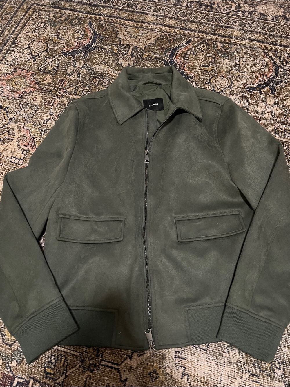 Like NEW Express Men's Suede Bomber Jacket Green - Picture 6 of 9